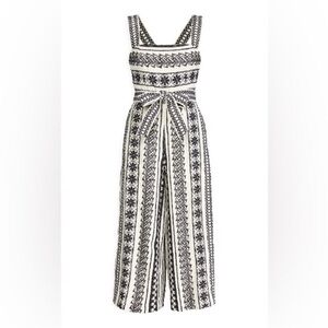 ALICE + OLIVIA LUCIE GEOMETRIC FLORAL EMBROIDERED LINEN CROP LEG JUMPSUIT 6 NWOT